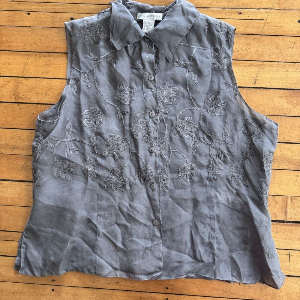 Vtg Anne Alexander Gray Sleeveless Blouse - Size X Large Silk Floral Embroidered